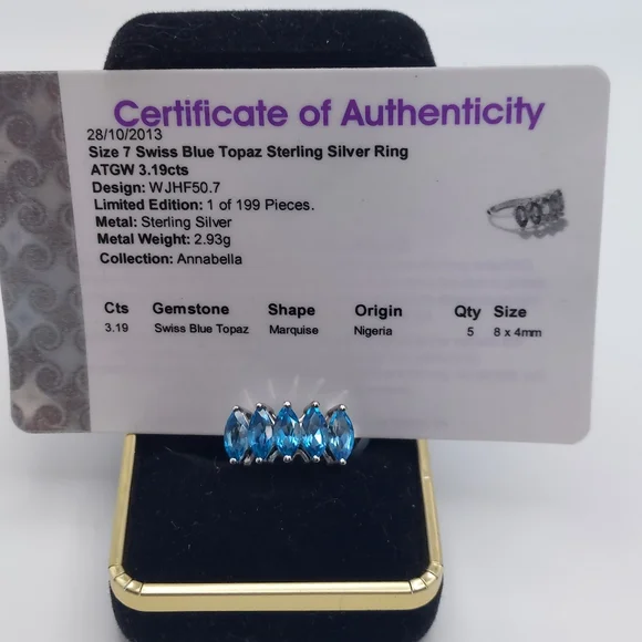 NWT 925 Swiss Blue Topaz sz7 Ring, Anabella Collection, has Cert Of Authenticity - Picture 9 of 16